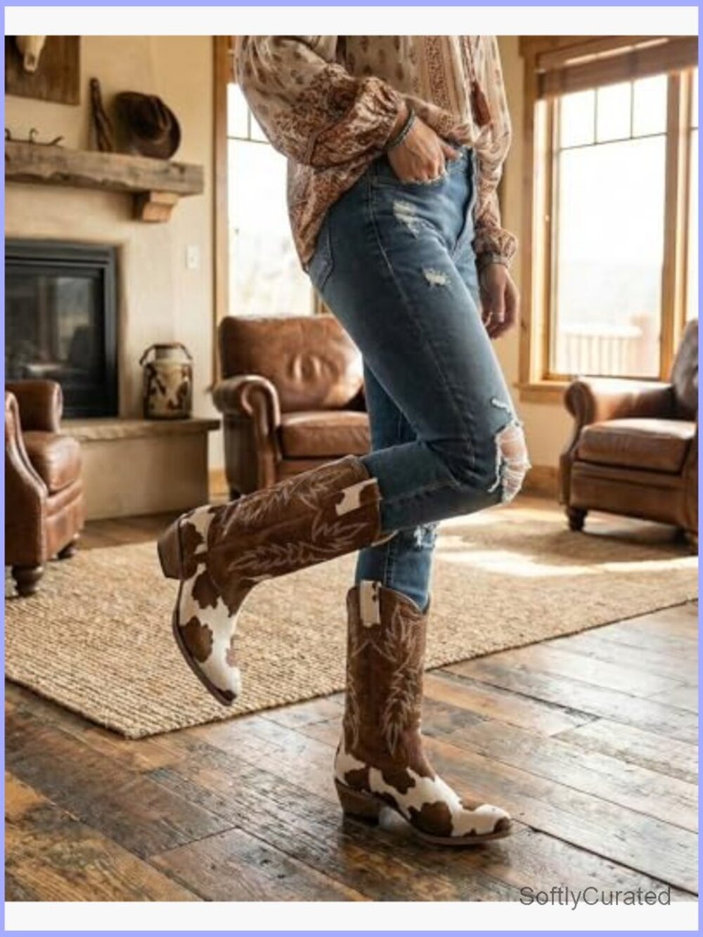 Cow Print Cowboy Boots Knee-High Western Cowgirl Pointed Toe Low Heel - Picture 5 of 6